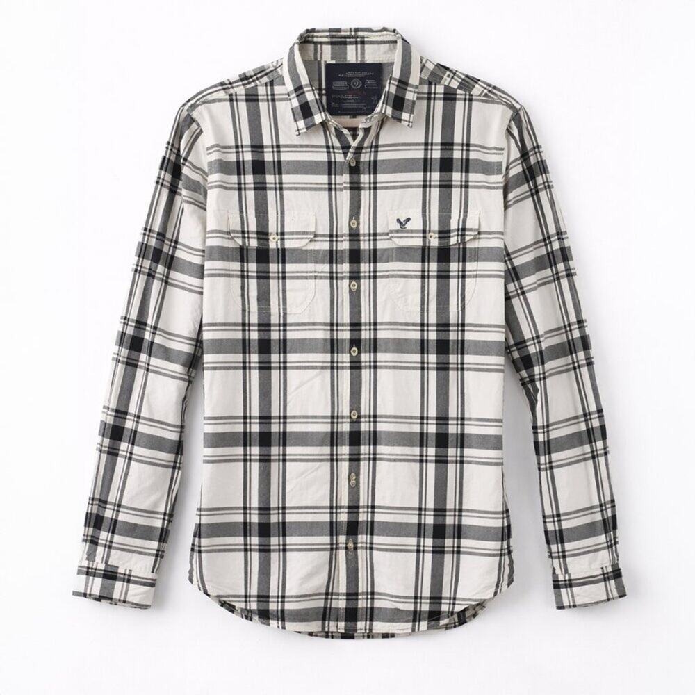 American Eagle Men’s Plaid Button Down Shirt L Athletic Fit Black White Casual